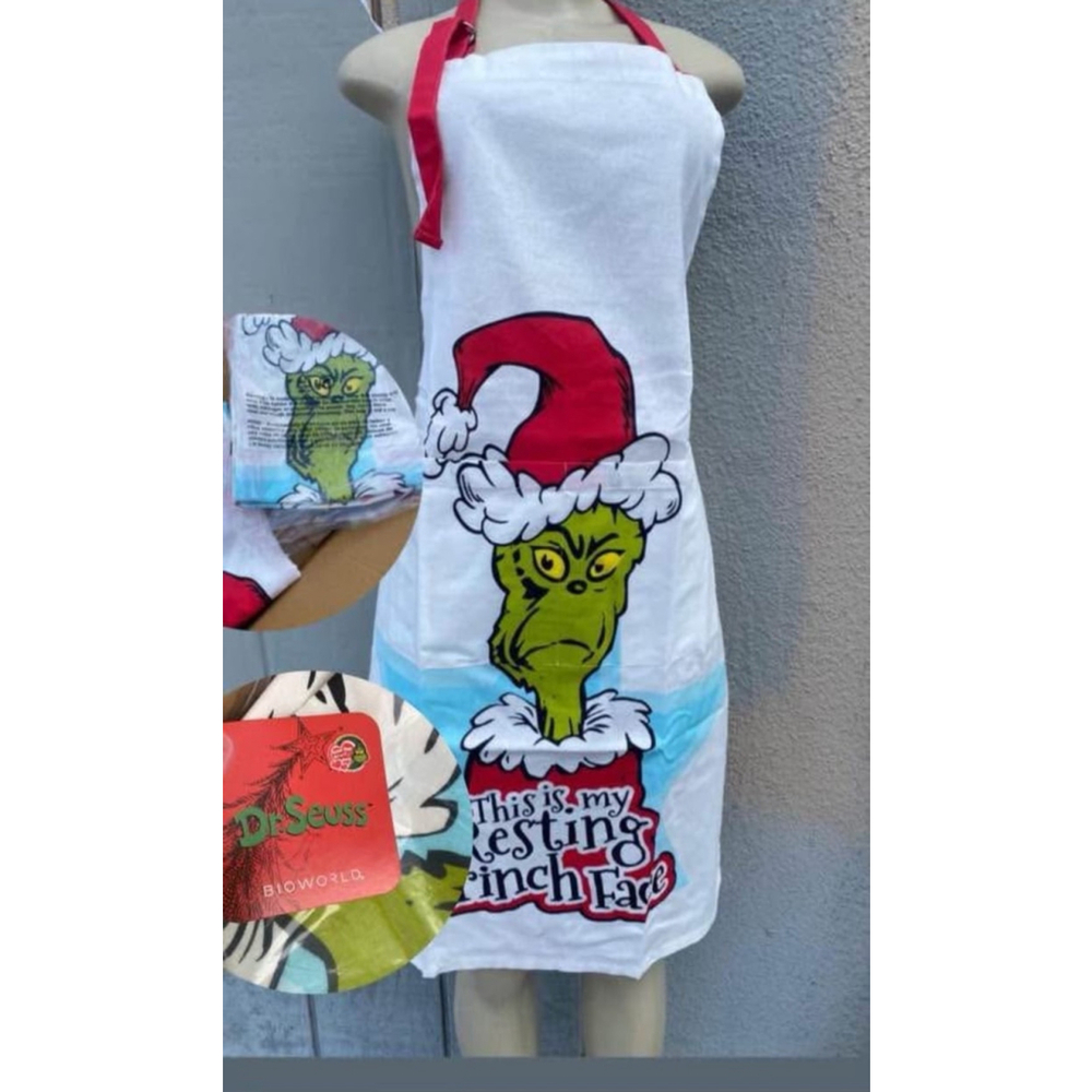 Dr. Seuss Stole Christmas Resting Grinch Face Kitchen Cooking Apron NWT